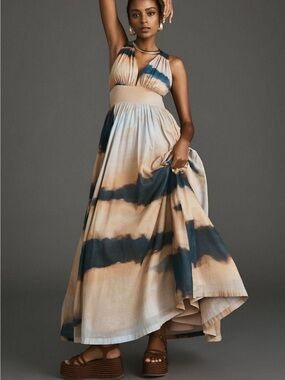 Tracy Reese Beige and Navy Tie-Dye Halter Maxi Dress